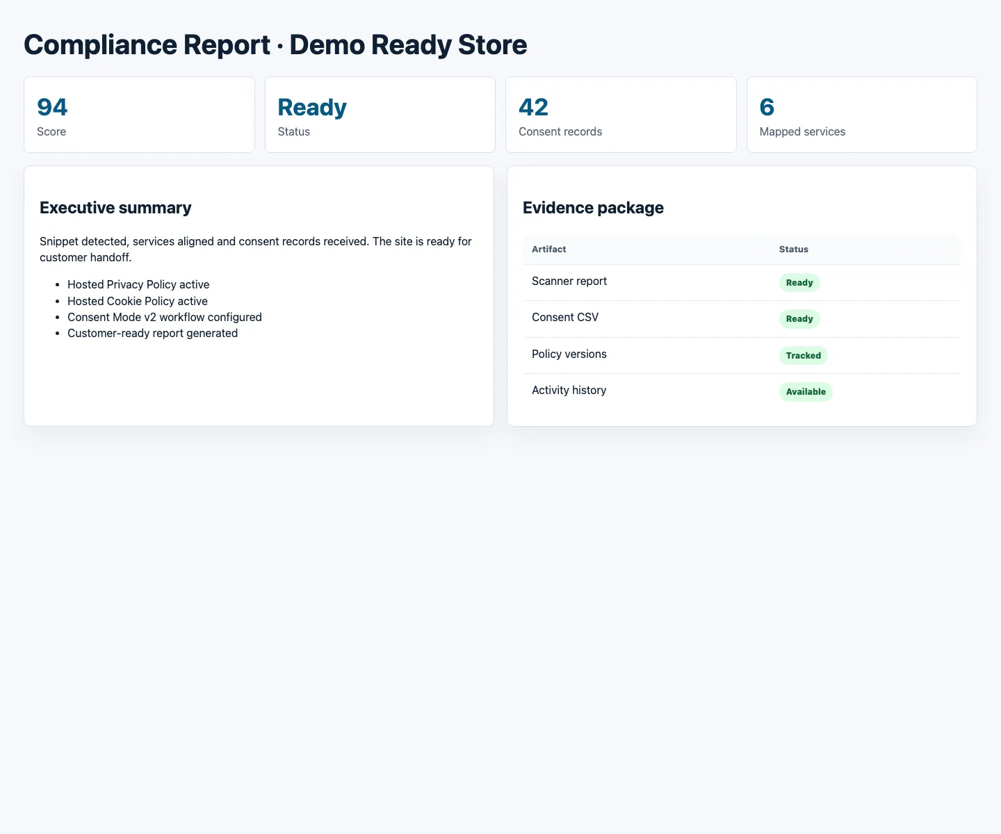 Client handoff report screen with simulated compliance evidence