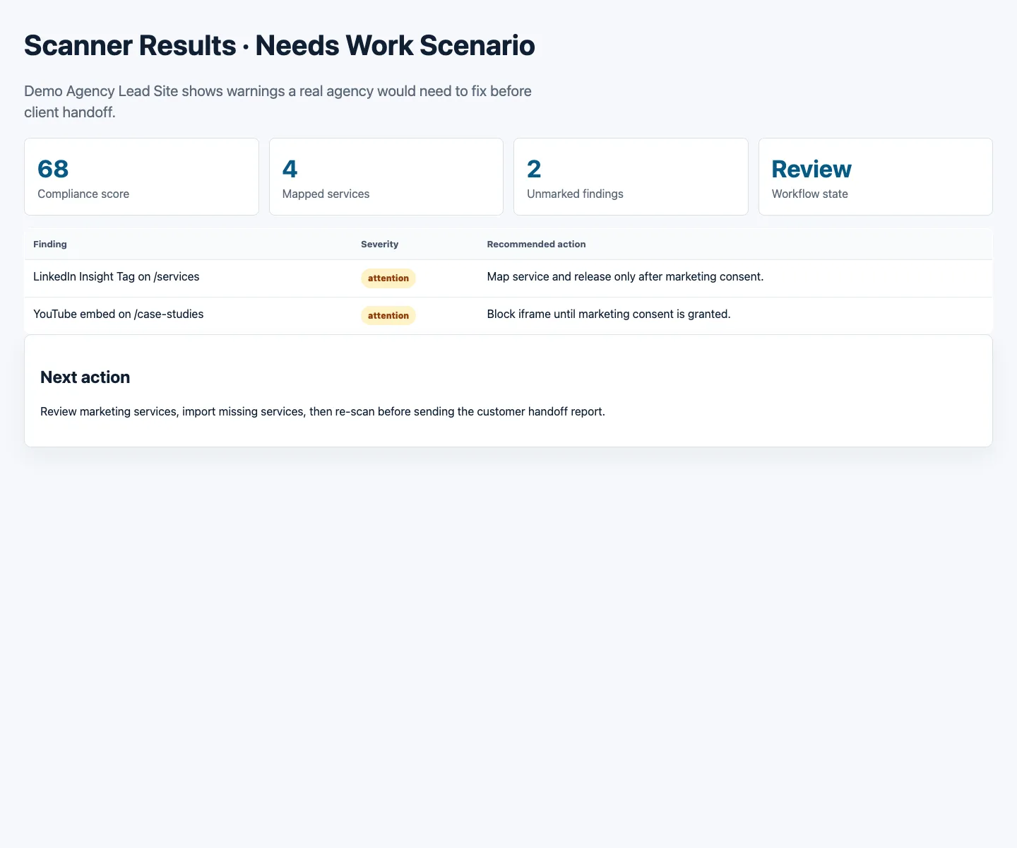 Scanner results screen with simulated findings and recommended actions